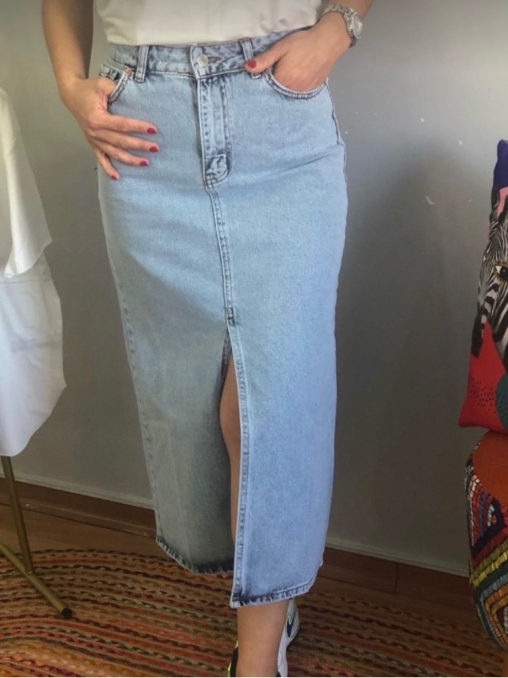 Zara Light Blue Denim Midi Skirt